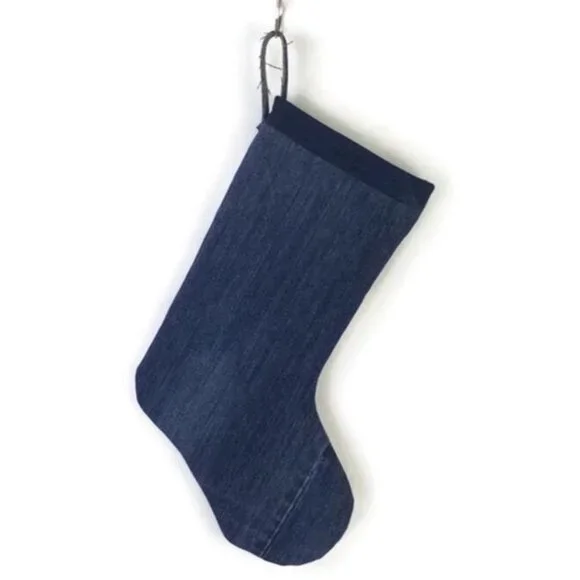 Hand Made Upcycled Blue Patchwork Denim Lined Hanging Christmas Stocking 17.5"